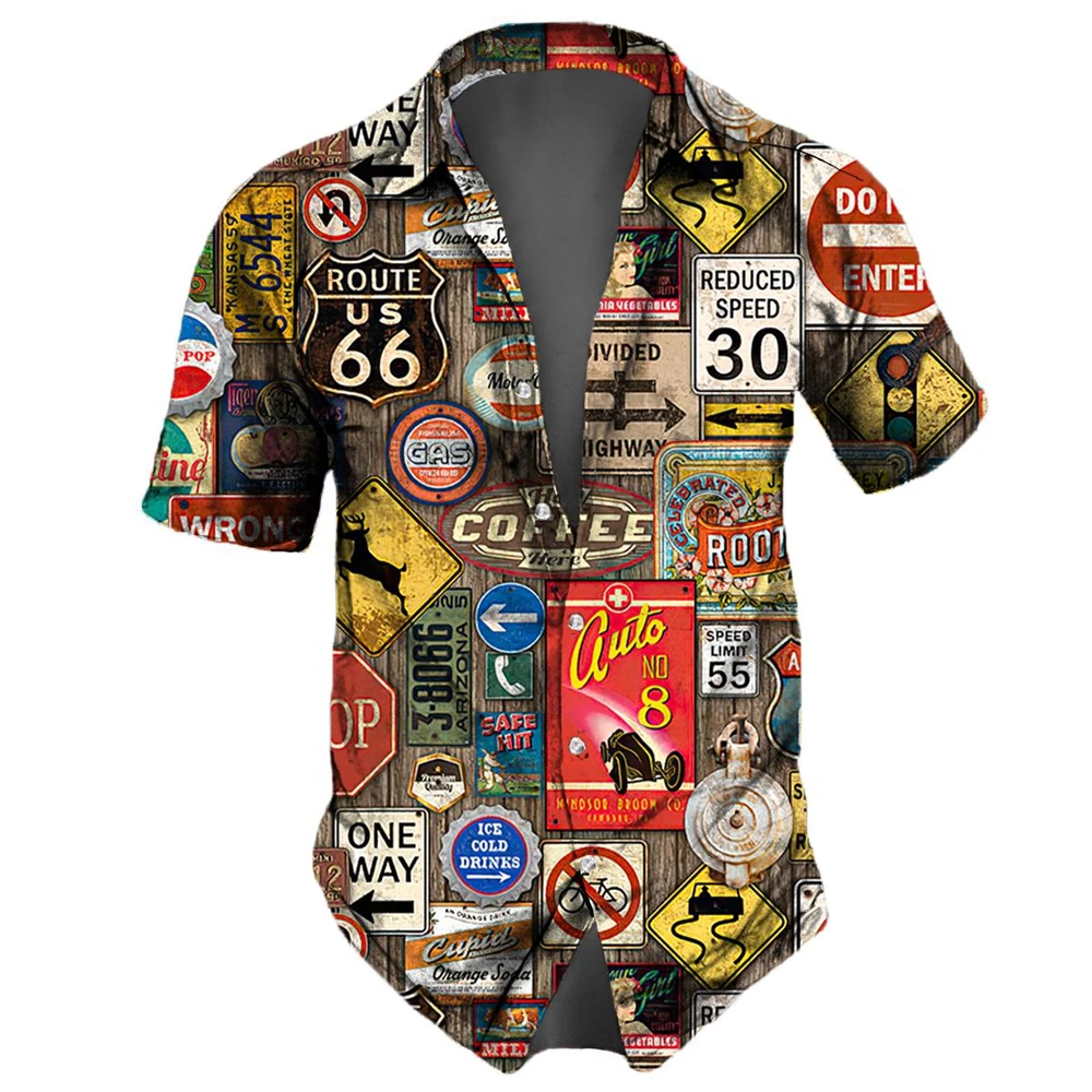 【U LAN】Vintage carwash print loose short sleeve Vintage Men's Shirts Route 66 Print Short Sleeve Tops Summer