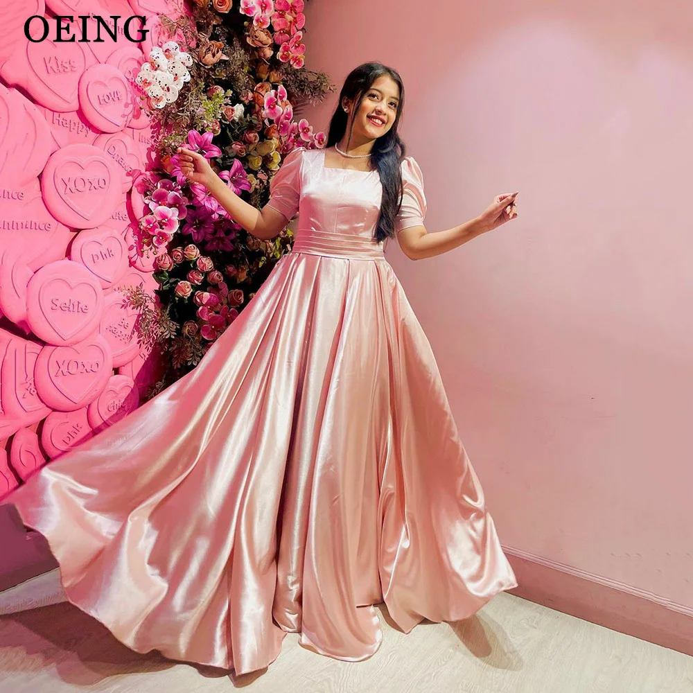 

OEING Simple Pink Satin A line Evening Dresses Princess Square Collar Pleats Prom Gowns Formal Celebrity Party Dress Birthday