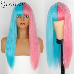 Similler Женские синтетические волосы, длинные прямые Термостойкие парики, розовые, черные, красные, белые парики с раздельной краской и челкой