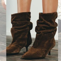 Liyke Designer Pleated Sued Ankle Boots For Women Winter Street Vintage Pointed Toe Thin Low Heels Runway Shoes Brown Booties 1