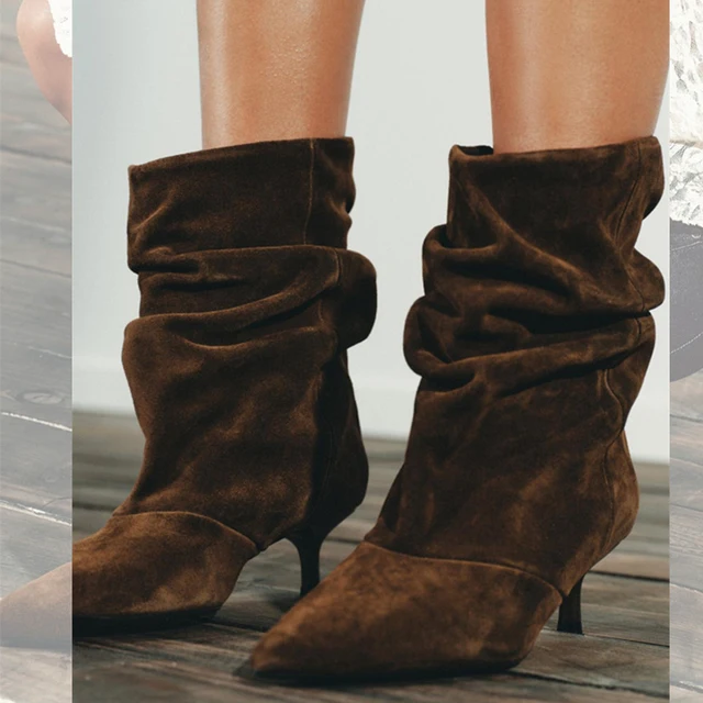 Liyke Designer Pleated Sued Ankle Boots For Women Winter Street Vintage Pointed Toe Thin Low Heels Runway Shoes Brown Booties 1