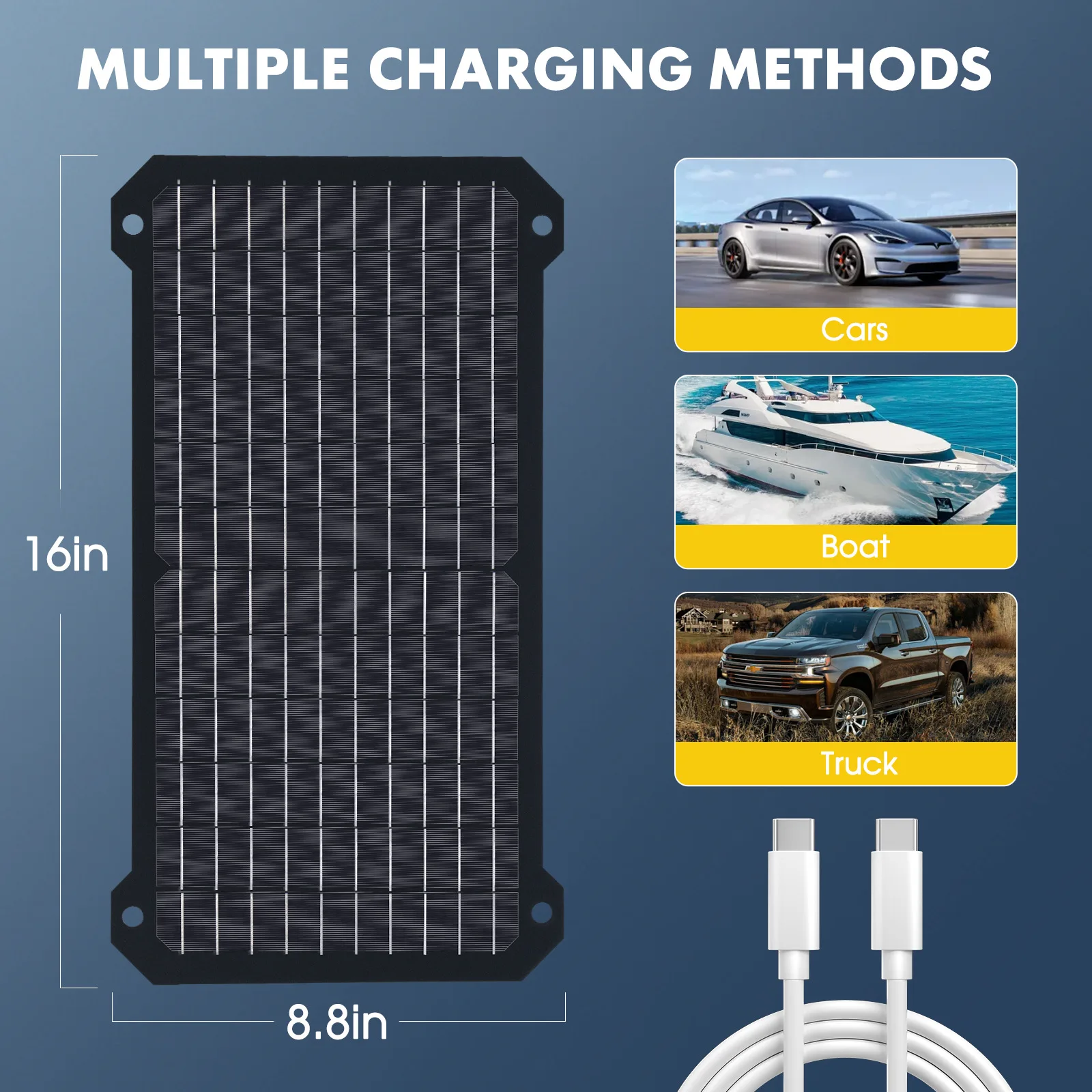 30W Solar Panel Charger Voltage Current Display USB Type C Output For Car Refueling