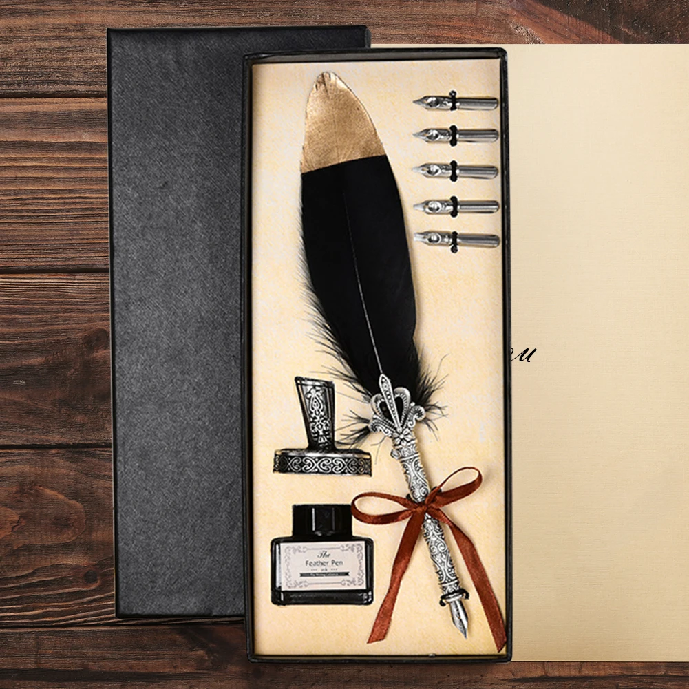 Vintage Calligraphy Feather Dip Pen Set with Ink - Creative Retro Writing Stationery