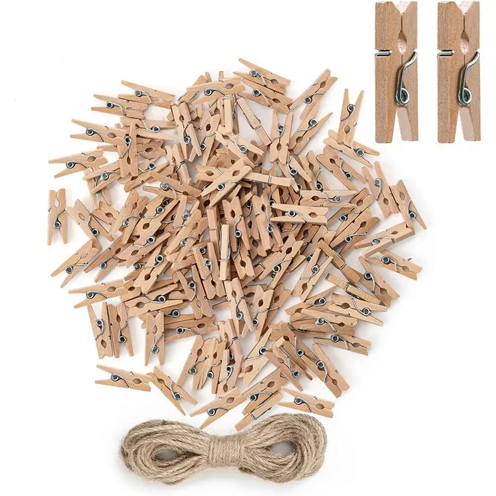 Wooden Clothespins 100pcs Multi-functional Reusable Mini Wooden Clips Jute Twine Photo Wall and DIY Craft clothes pegs photo clips