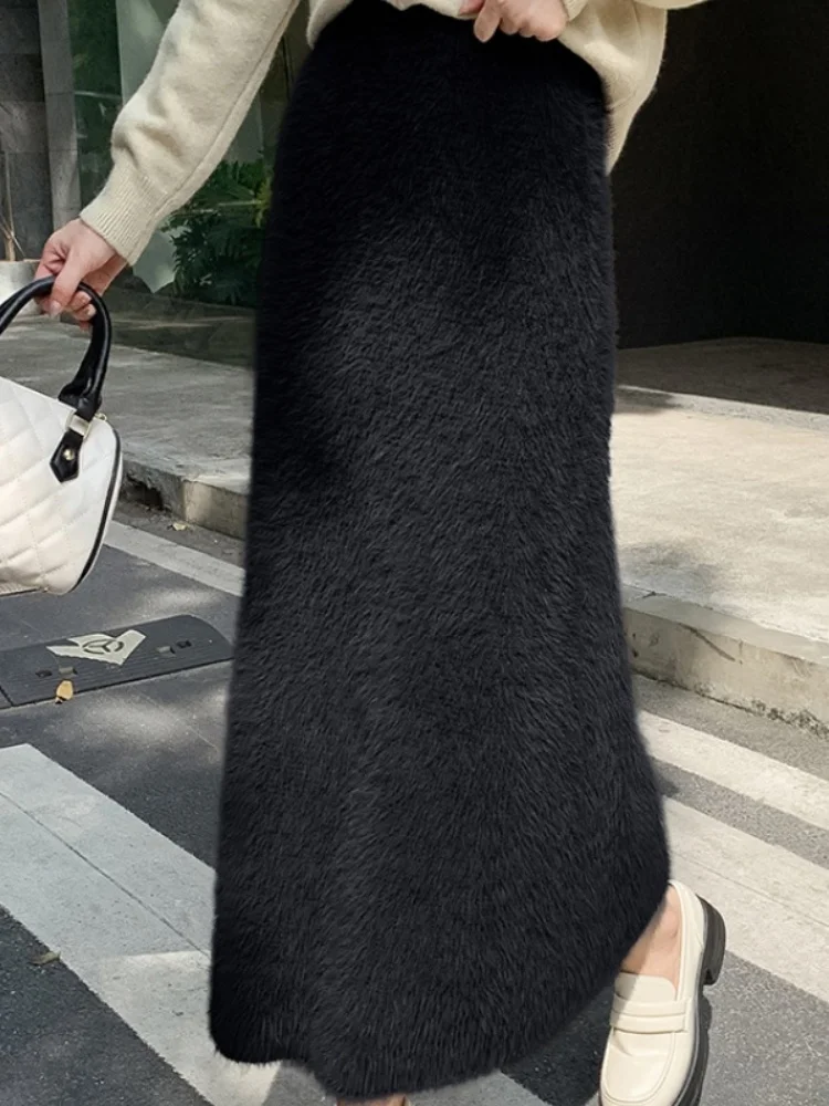 ●threetimes●Mew knit skirt★韓国の人気 ★日本未入荷 Imitation Mink Fur Knitted Skirt Women's Winter Long Skirt