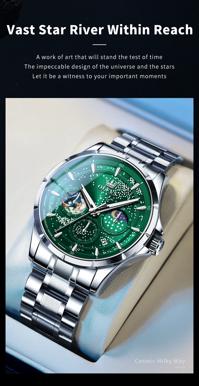 OLEVS Full Green Men's Watch Auto Date Waterproof Man Wristwatches