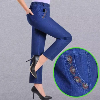 Spring Summer Thin Women's Jeans Elastic Waist Large Size Casual Denim Pants Middle Aged Elderly Mother Embroidery Jean Trousers