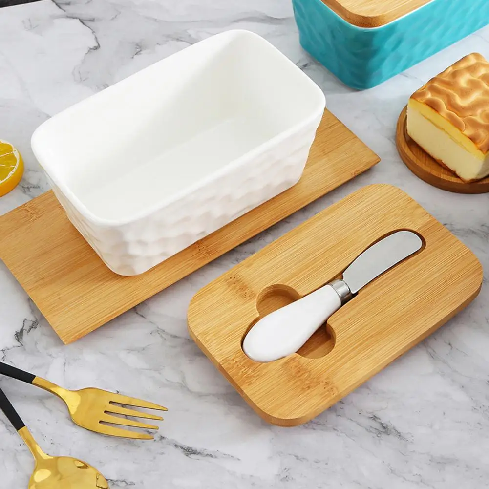 Butter Dish with Groove Capacity Butter Pan Elegant Ceramics Dish with Wooden Lid Stainless Steel Cutter for Kitchen