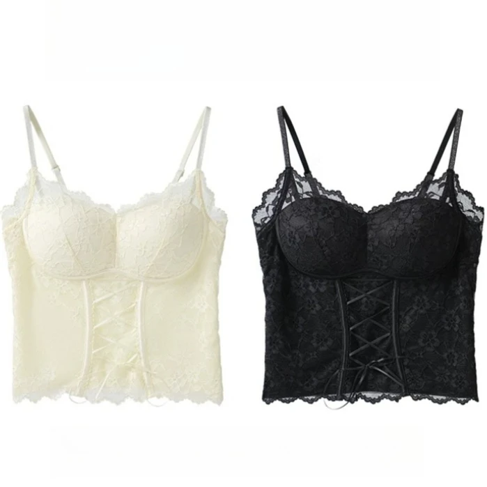 Top in pizzo con imbottiture, senza ferretto, bralette con schiena a V, da indossare come top o per stratificare, intimo per donne, non serve il reggiseno. - immagine 4
