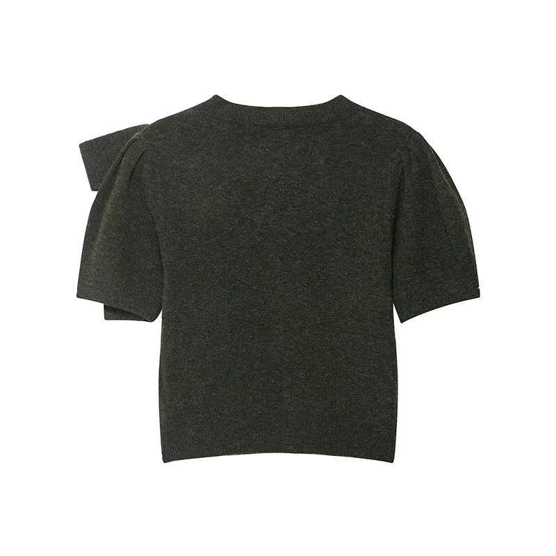 Women's Elegant Bow Knitted Sweater Women Short Sleeve Pullover Top 2025 Autumn New Fashion Casual O-Neck Knitwear Tops