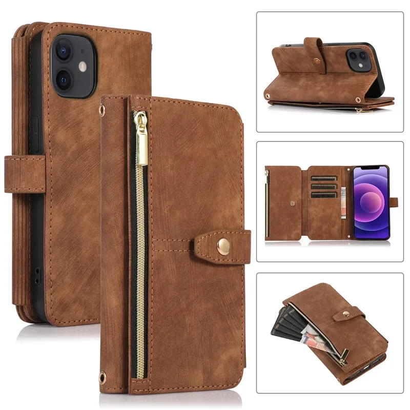 Elegant Flip Leather Phone Case with Long Lanyard and Zipper Wallet