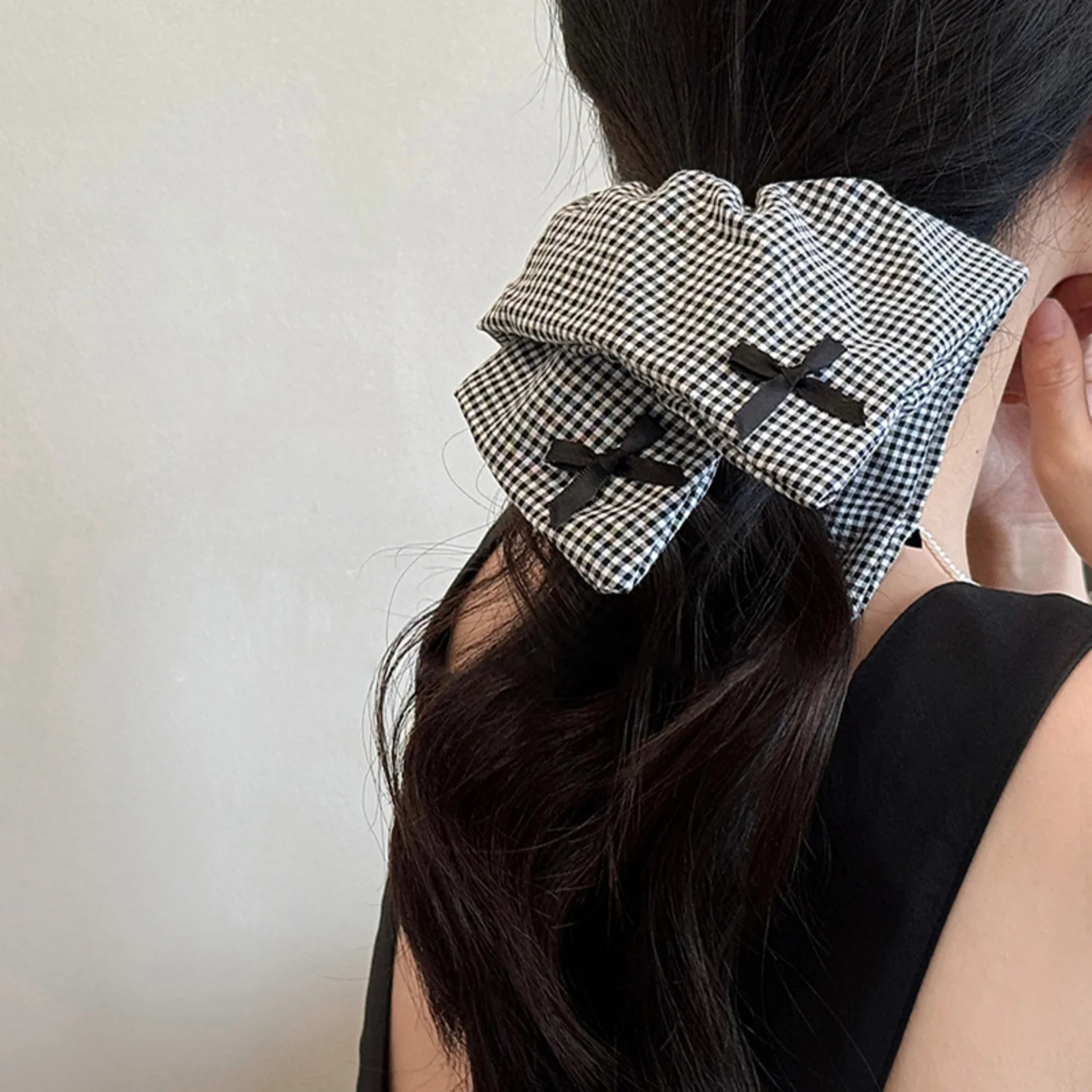 Square Large Black White Checkered Striated Leopard Print Bowknot Heart Intestine Hair Ties for Women Fashion Temperament Scarf