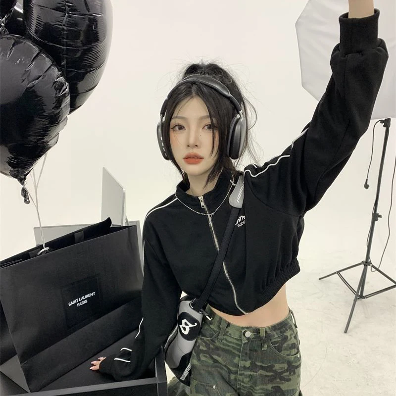 MEXZT Streetwear Women Vintage Cropped Zip Up Sweatshirt Fashion Casual Loose Long Sleeve Outwear Korean Lady Spring  Clothes