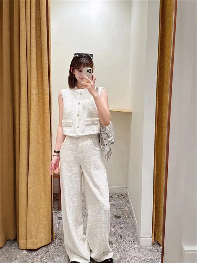Women's French Tweed Set 2025 New O-Neck Sleeveless Vest Coat Top or High Waist Loose Straight Pants Suit for Female 2