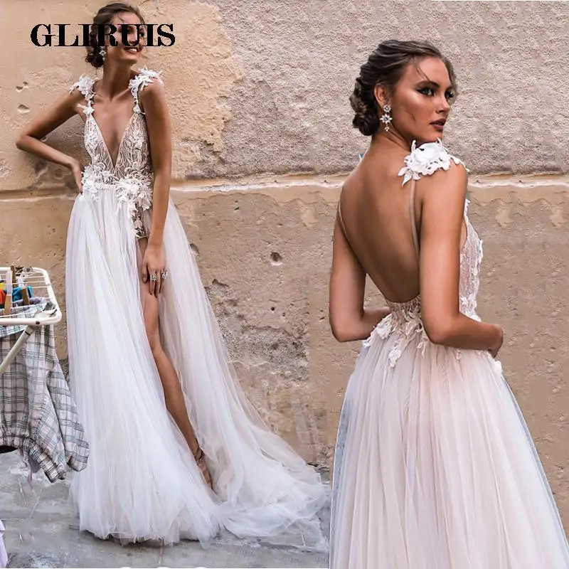 

Sexy Beach Wedding Dresses Boho Deep V Neck Backless High Split A Line Lace Appliques Ivory Tulle Bridal Gowns Vestido De Mariee