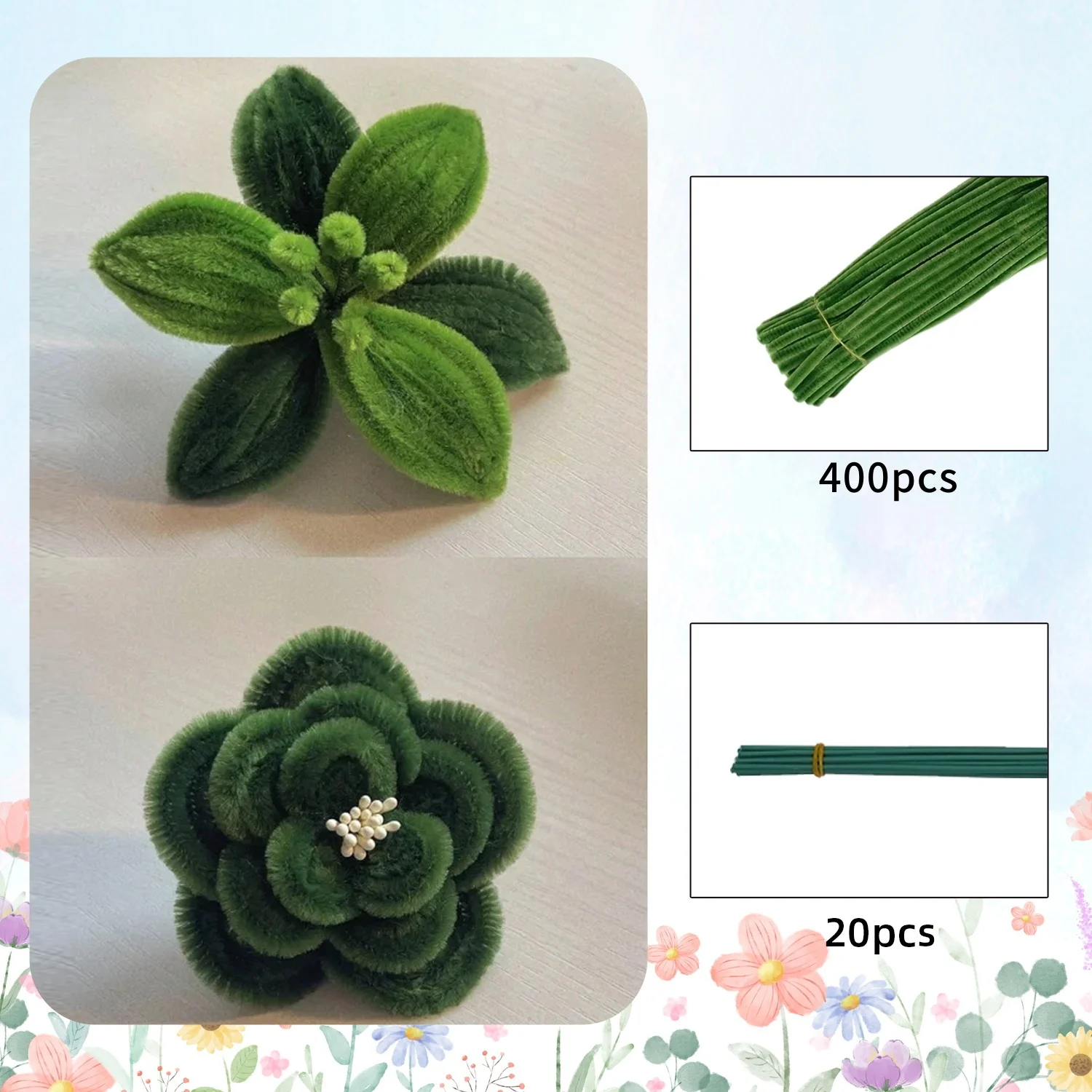 320 pezzi di scovolini per bricolage, set di pulitori per pipa con fiori, filo di ciniglia rinforzato, scovolini da 30 cm di lunghezza in verde e rosa con filo per fiori, set