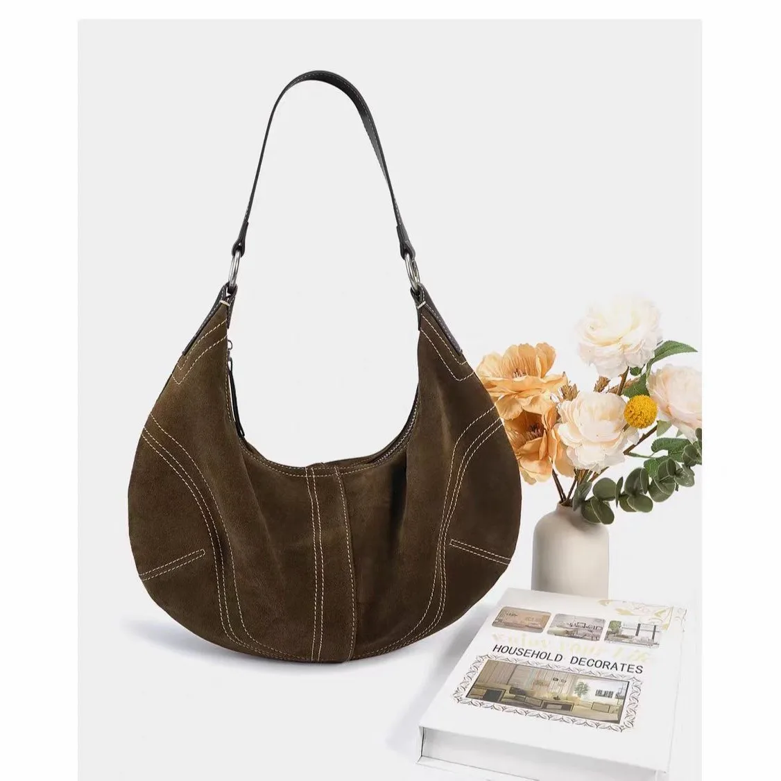 Luxury Women Suede pu Leather Hobo Shoulder Bag Vintage Half moon Handbag Cross body Casual Underarm Purse