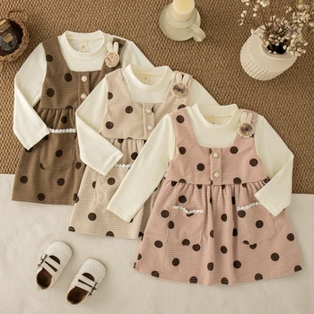 Autumn New Baby Girl Dress Cute Polka Dot Well Long Sleeve Imitation 2 Pieces Dress for Girls Daily Casual Wear
