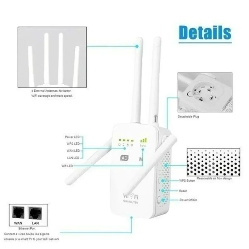 WiFi Signal Booster WiFi Router 1200Mbps WiFi Range Extender Repeater Wireless Amplifier Router Signal Booster GY