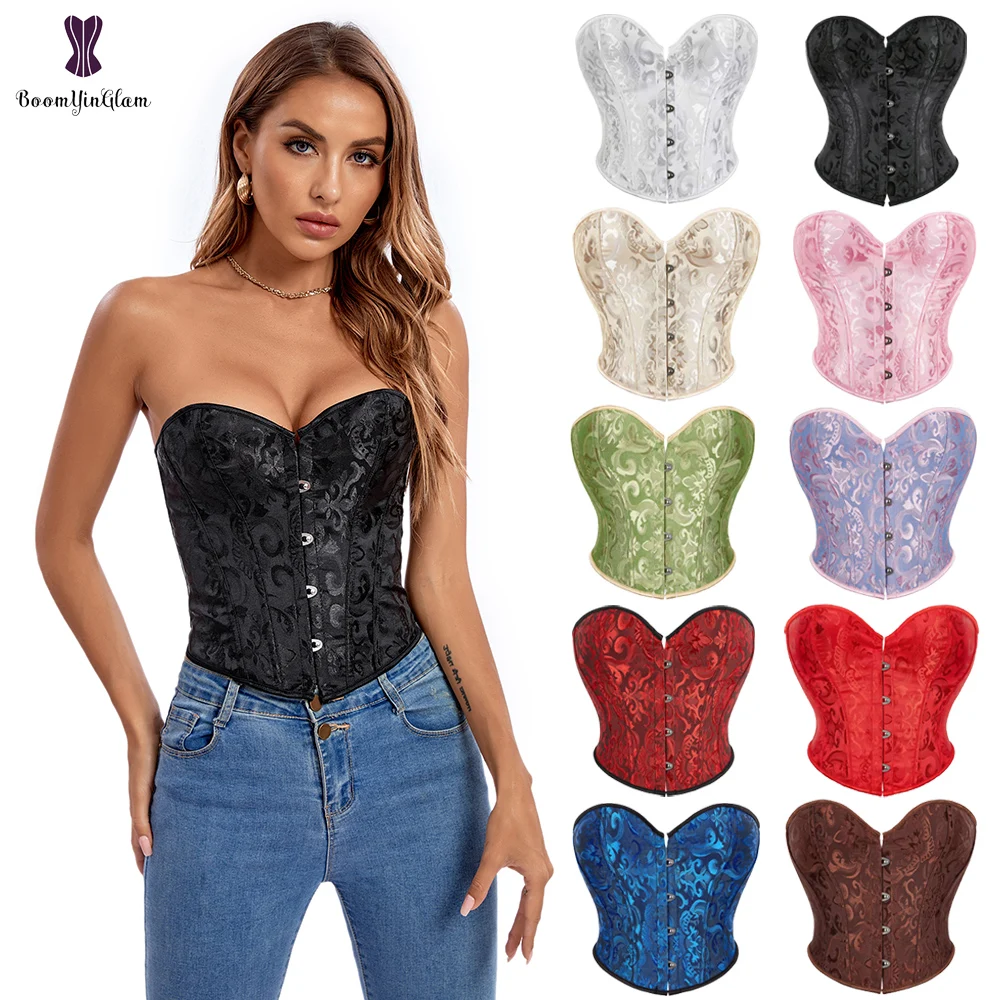

Short Style Overbust Corset Jacquard Waist Bustier Crop Top Black Beige Red Pink Blue Korset Basques