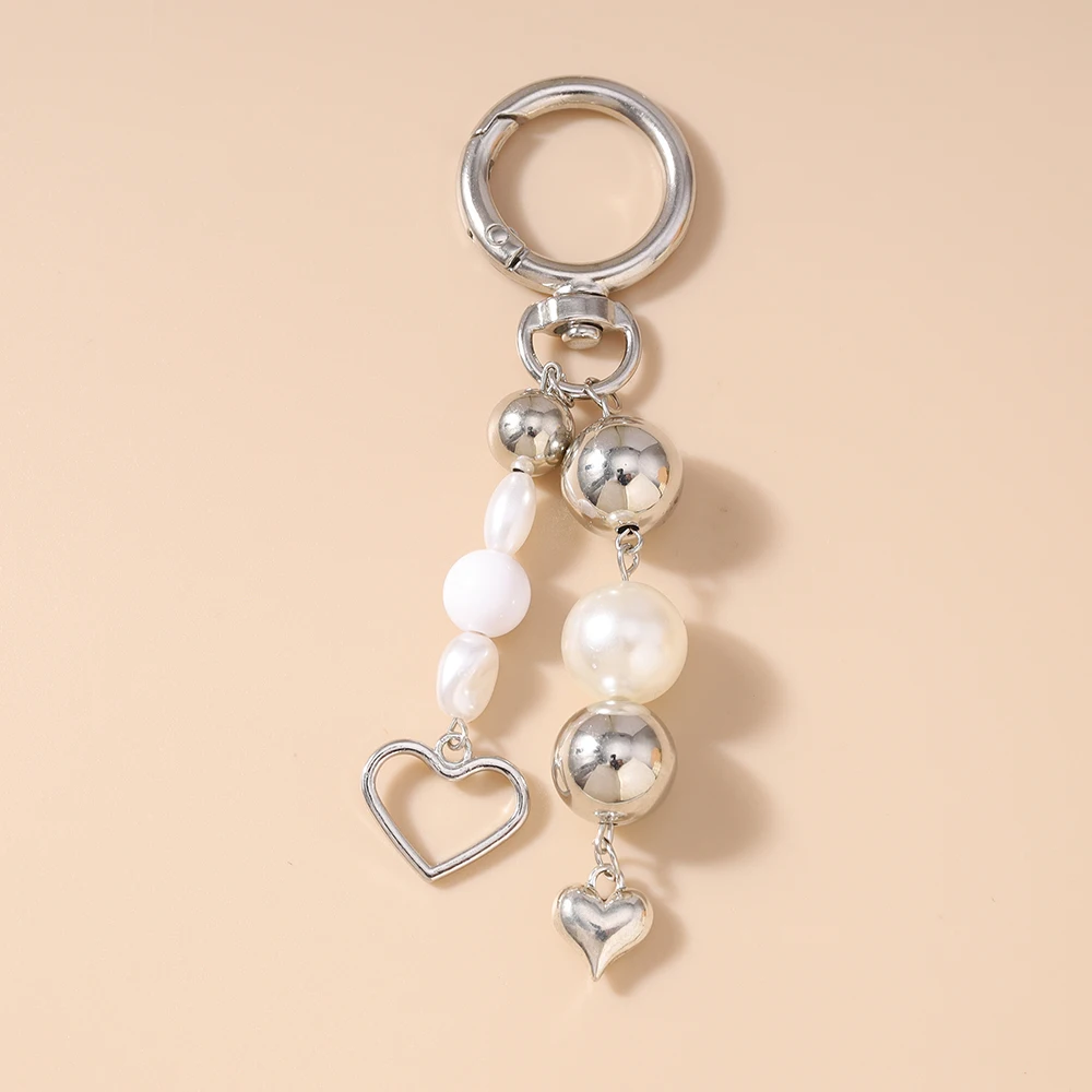 Aihua Niedlicher Y2K Silberfarbener Perlen-Metallherz-Schlüsselanhänger für Frauen und Mädchen, Handtaschenanhänger, DIY Schlüsselkette, Schmuckgeschenke – Detail 8
