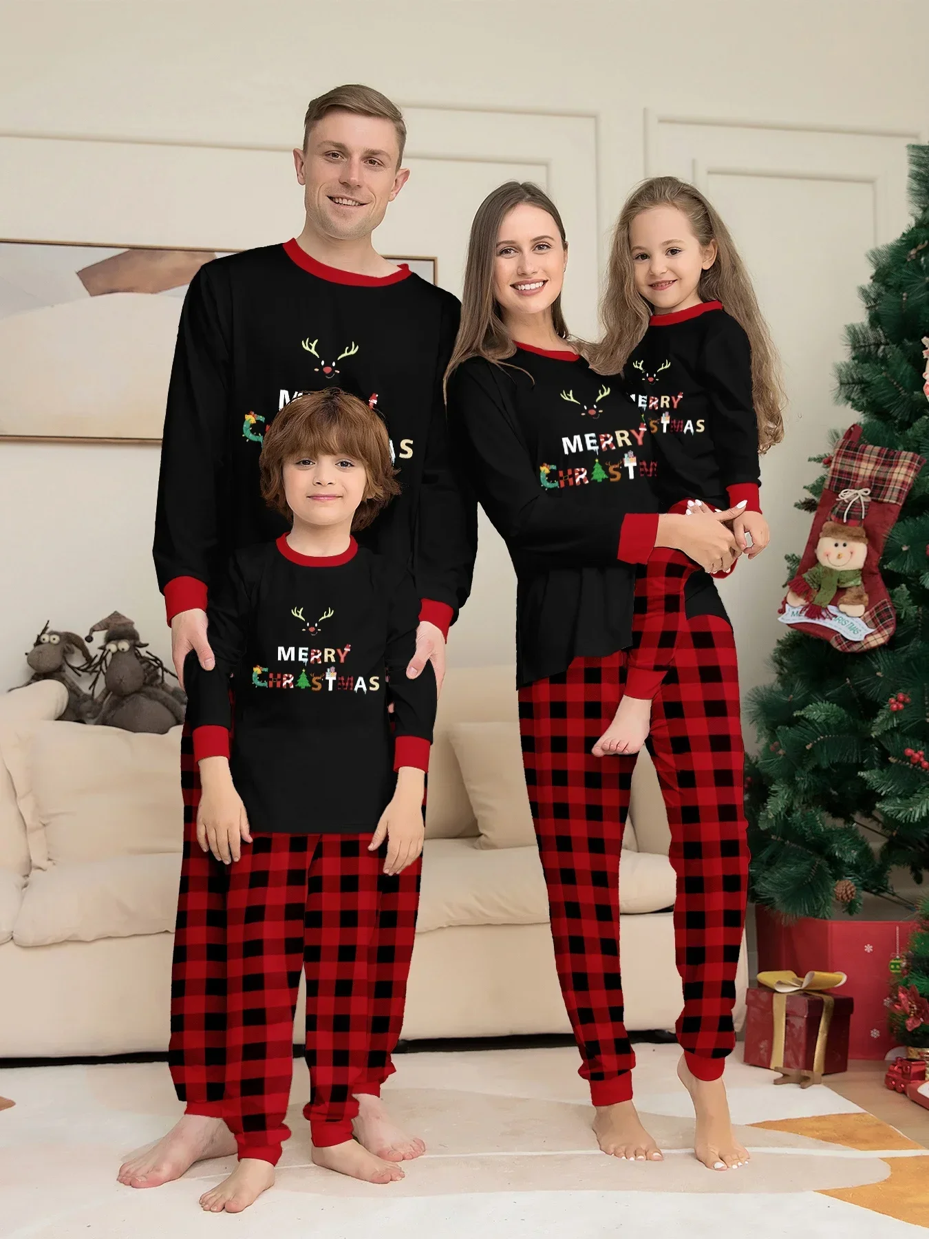 Winter Christmas Pajamas Set Letter Print Parent-child Matching Outfits Soft Cute Homewear Baby Romper Xmas Family Look Pjs