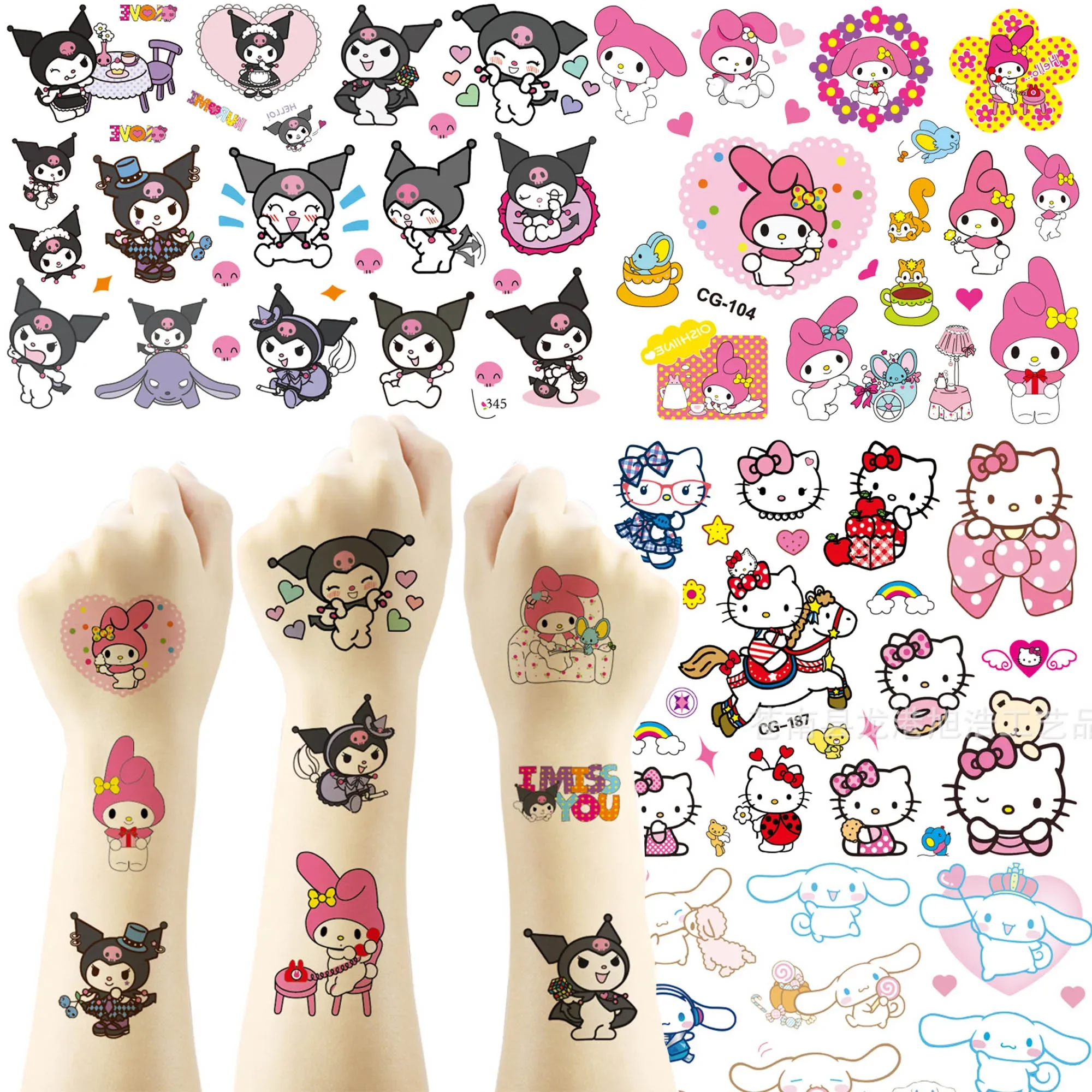 

Sanrio Hello Kitty Tattoo Sticker Kuromi Mymelody Tattoos Cinnamoroll Stickers Cosplay Decor Temporary Waterproof Art Tattoo
