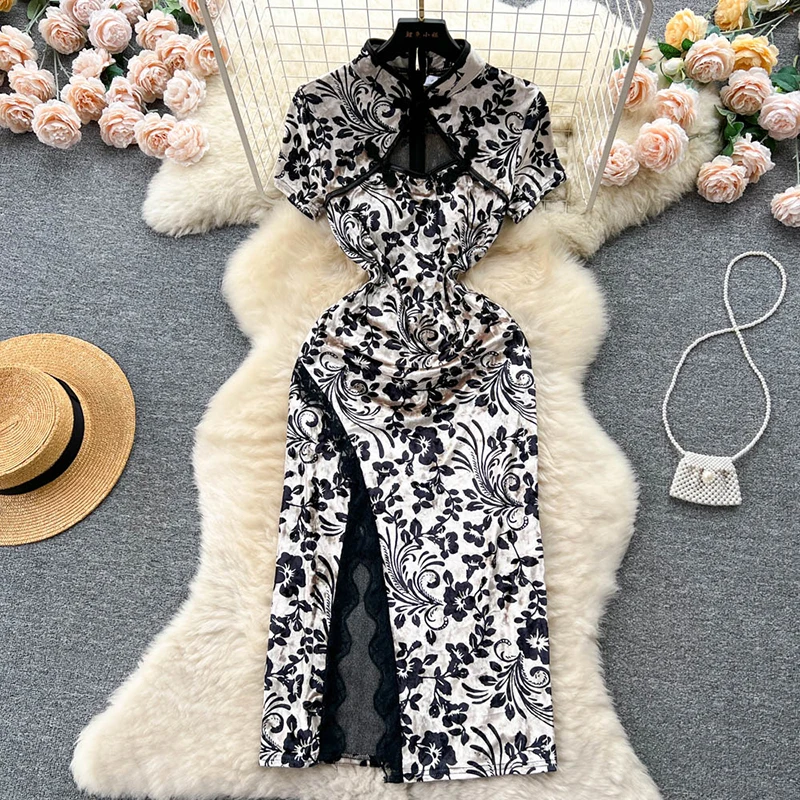 

Chinese Improved Cheongsam Retro Hollowed Out High Waist Slit Sexy Dress Oriental Clothing Women Elegant Printed Evening Dresses