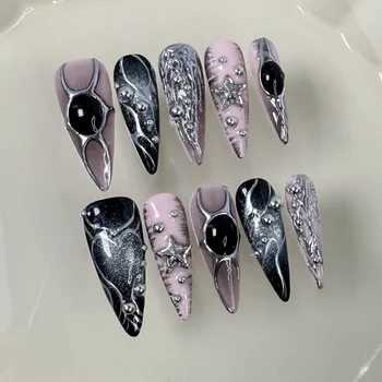 10PCS 3D Relief Long Stiletto Handmade Press on Nail Purple Blush Metallic Silver Star Cat Eye False Nails Spice Girl Fake Nails