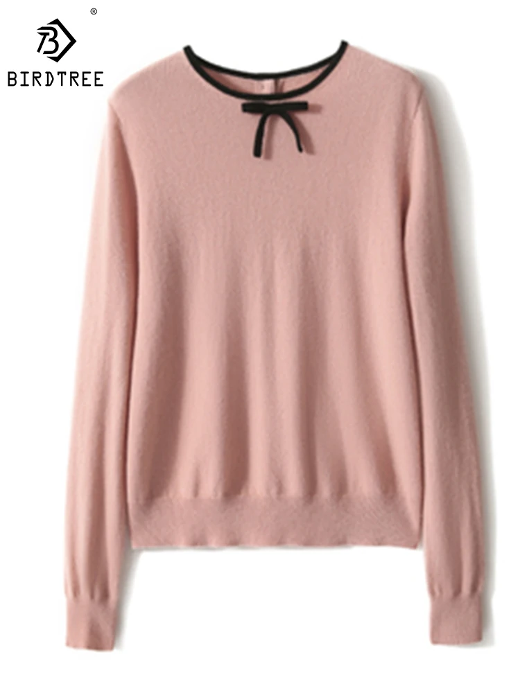 

Birdtree 100% Cashmere Pullover Sweater Bow Round Neck Long Sleeves Elegant Simplicity Warm Commute Knit Woman Fall New T30472QD