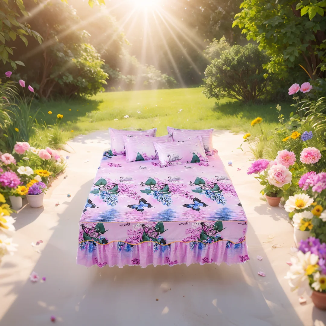 

1-Piece Bed Sheet Elegant Flower Printed Bed Skirt - Korean Style Dustproof Elastic Protector Non-Slip Mattress Bed Sheet