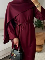 فستان طويل أنيق للنساء بأسلوب إسلامي، بلون واحد وأكمام طويلة مع أربطة، تنورة طويلة 5