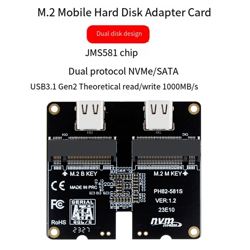 

M.2 Nvme SATA SSD Enclosure Adapter Card 4TB JMS581 Type-C USB3.1 Gen2 10Gbps HDD Enclosure Expansion Adapter Card Durable