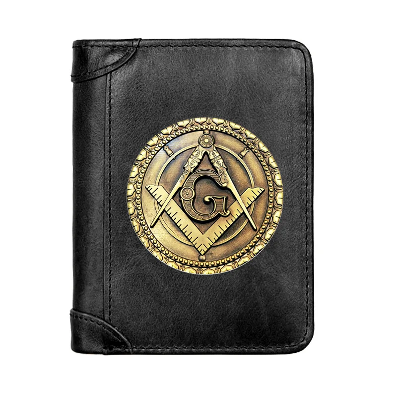 

Vintage Classic Master Mason Symbol Printing Genuine Leather Men Wallet Pocket Slim Card Holder Male Short Coin Purses BS1227