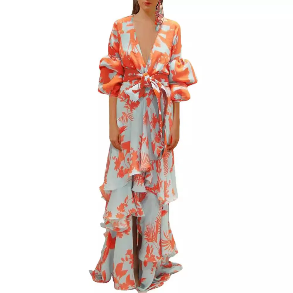 Mujeres Señora Gasa Primavera Vestidos Largos Estampado Floral Camisa Cuello Manga Larga Botón Nueva Moda Elegante Señora Vestido Casual