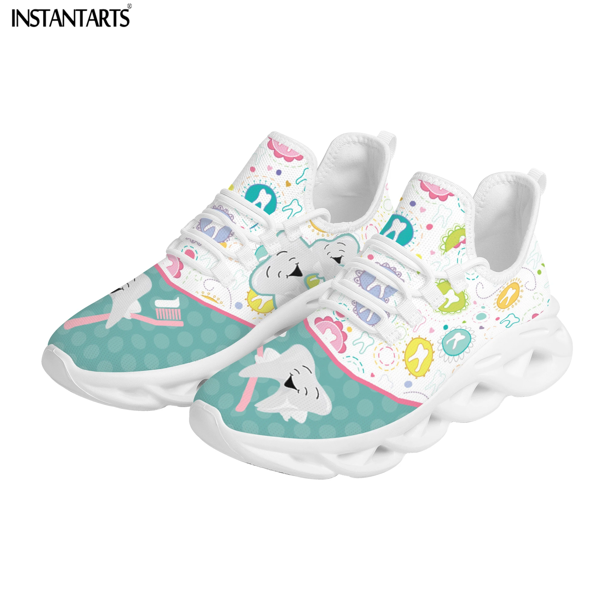 INSTANTARTS Cartoon Tooth Pattern Girls Mesh Swing Sneakers Comfort Lace up Platform Shoes for Women Dental Design Zapatillas