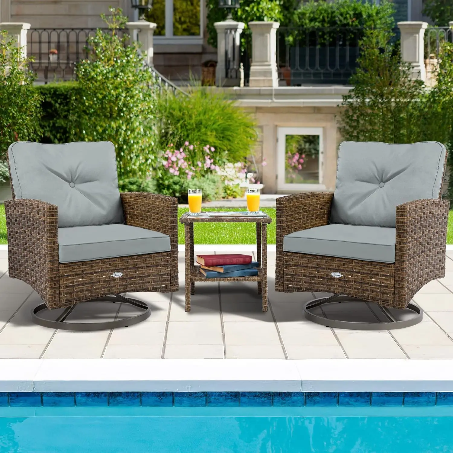 

3-Piece Patio Outdoor Wicker Bistro Rocking Furniture Conversation Chairs for Garden, Backyard and Balcony