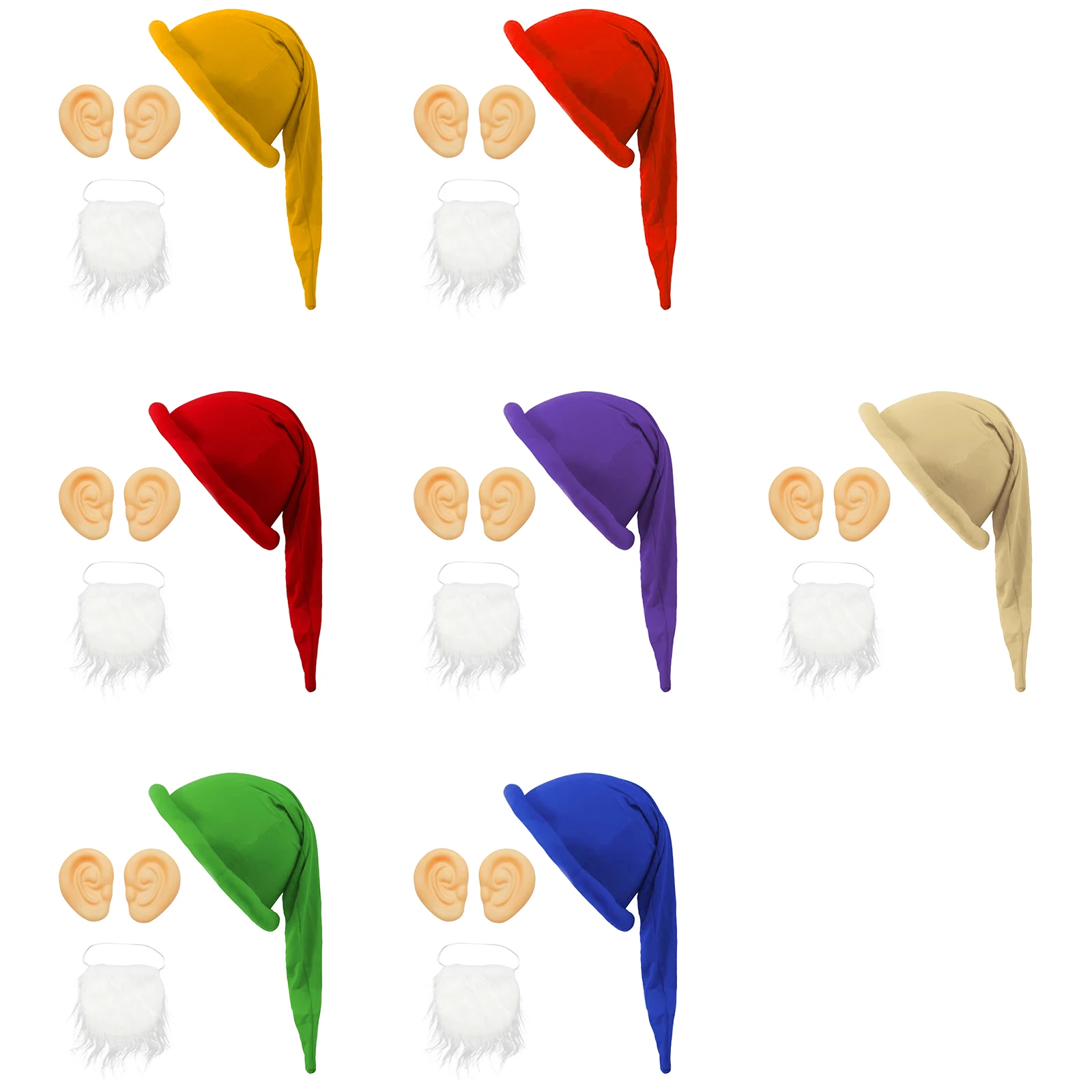 Christmas Dwarf Gnome Elf Cosplay Costume Accessories Padded Brim Hat with 1 Pair Ears White Beard Halloween Xmas Party Props