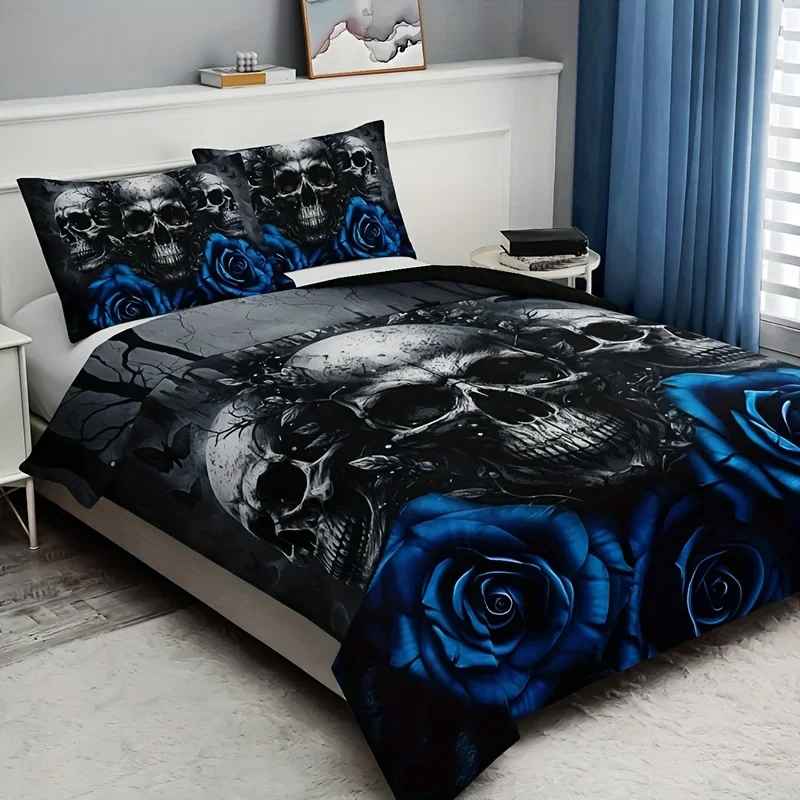 Fashion Blue Rose Skull Print Duvet Cover Soft Comfortable Bedding Set For Bedroom (1*Duvet Cover+2*Pillowcase) For Halloween