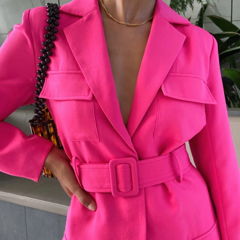 

Spring New Blazer DressTurn-down Collar Belt Coat Casual Women Pink Long Sleeve Pocket Jacket Single Suit 2023 Female Clothes