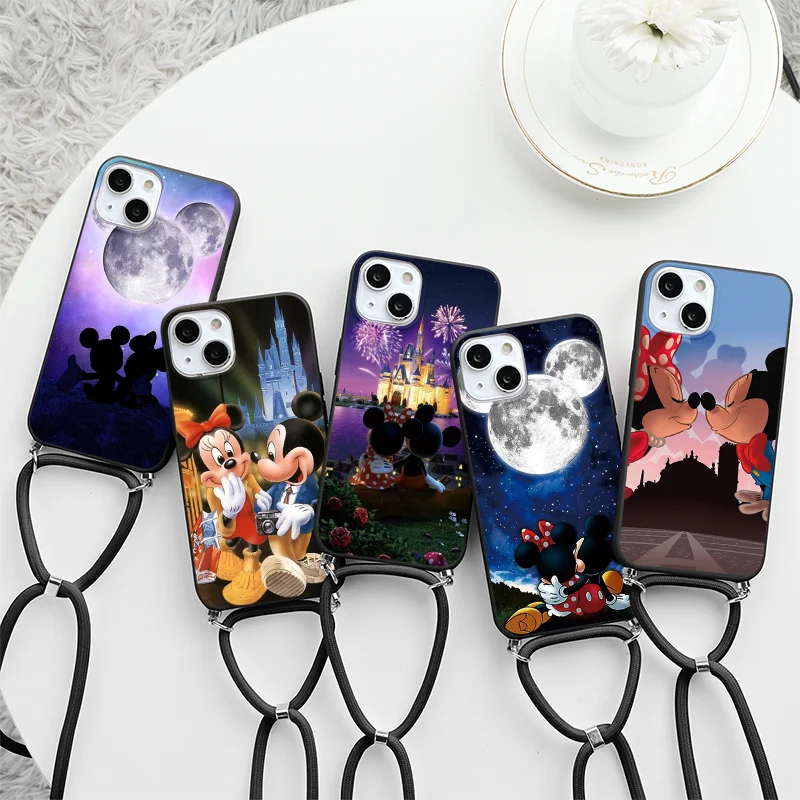 

Funny Mickey Minnie Lanyard Strap Rope Case For iPhone 15 14 13 11 12 SE 3 2022 2020 Mini 15 Pro Xs Max XR X 6 6S 7 8 Plus Cover