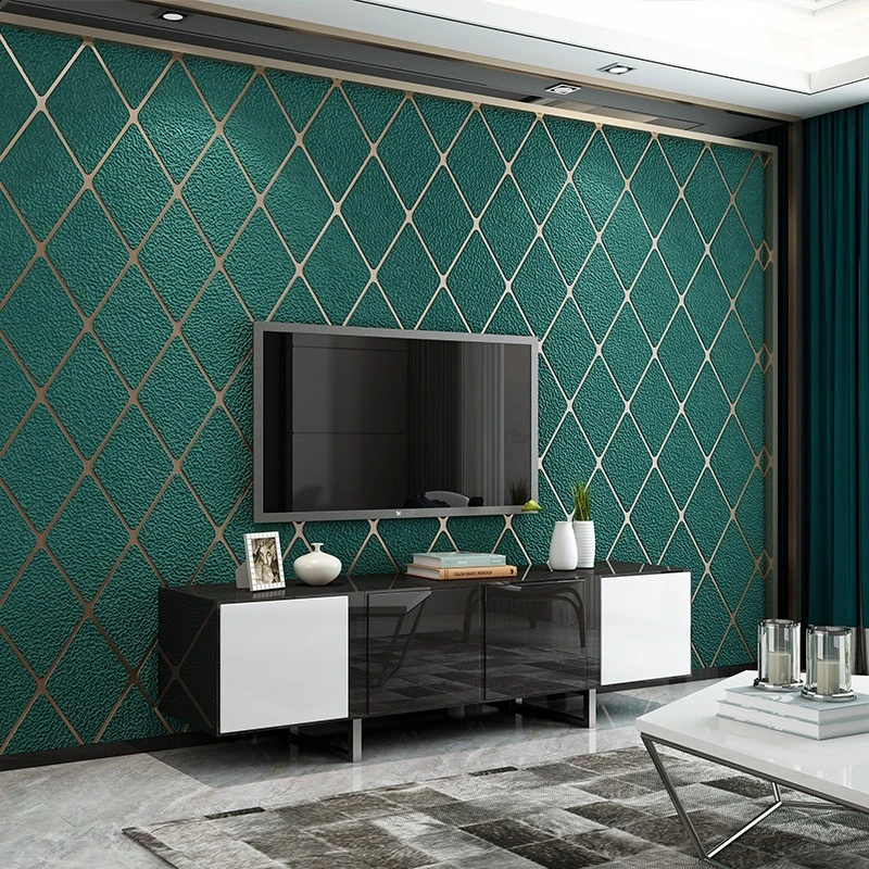 Dark Green 3D Diamond Lattice Deerskin Velvet Wallpaper Bedroom Living Room Hotel Modern Minimalist Tile Background Wall Sticker