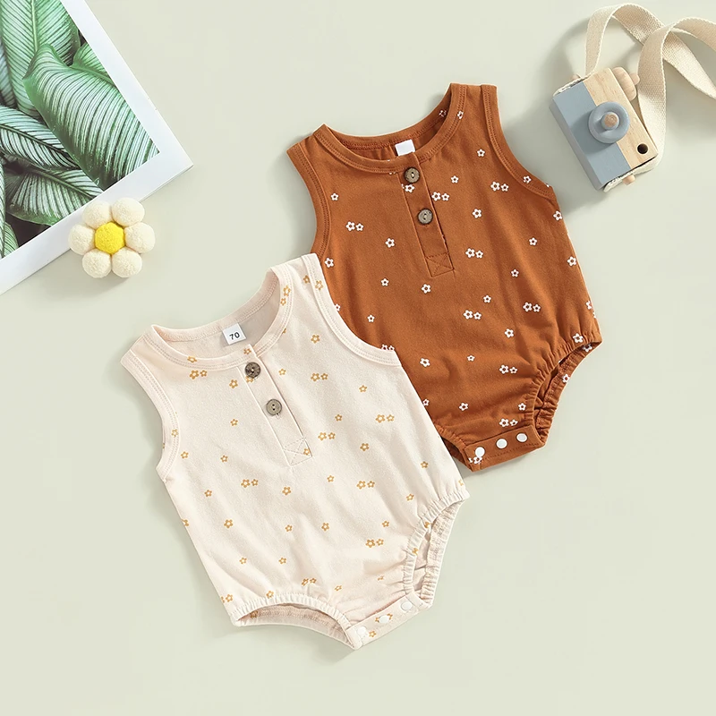 

Baby Girl Romper Sleeveless Romper Overalls Floral Print Summer Short Jumpsuit Round Neck Bodysuit Button Down Casual Outfits