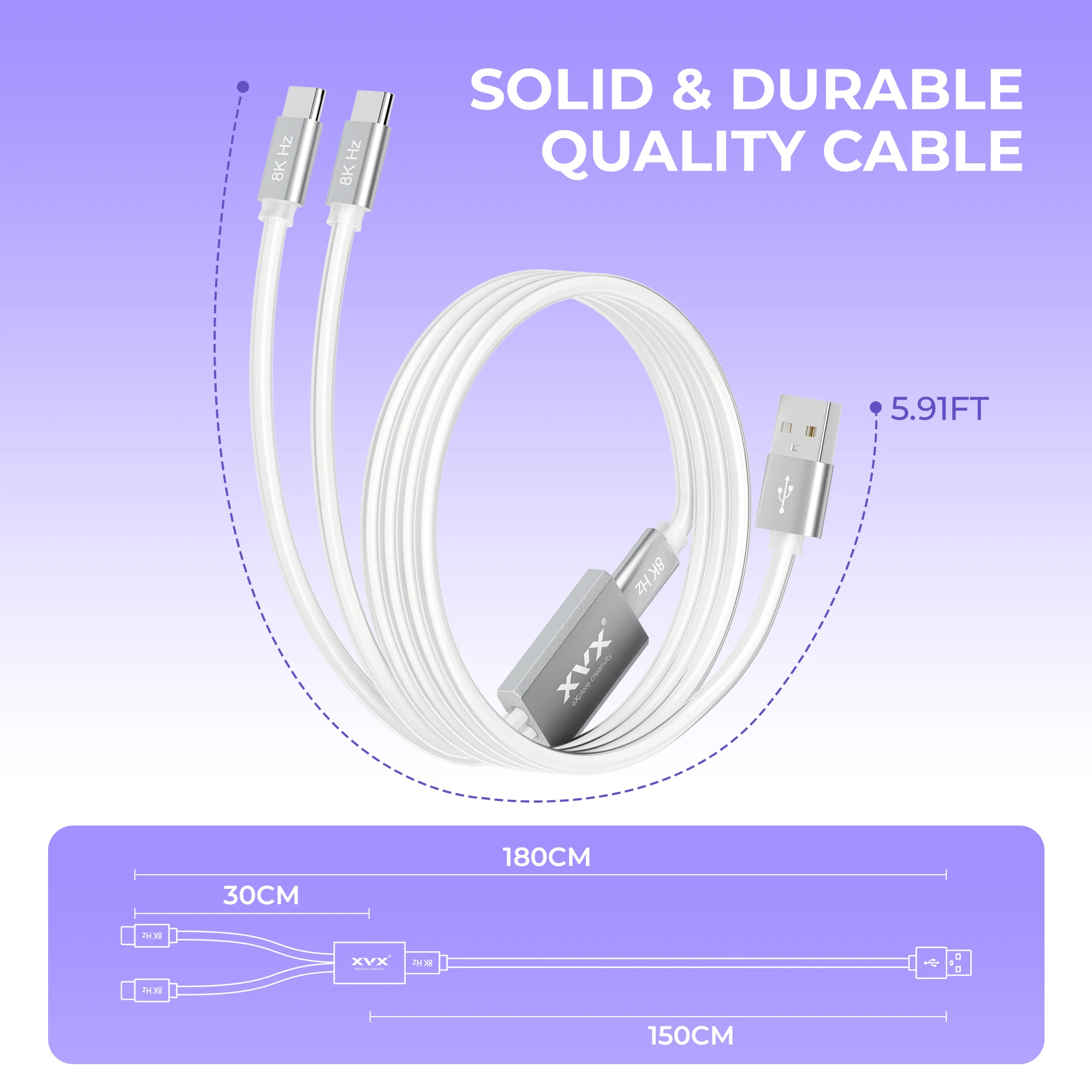 XVX 키보드 케이블 2-in-1 USB C-USB A 케이블(기계식 게임용 키보드용) LED 에비에이터 케이블 1.8M CNC 금속 커넥터