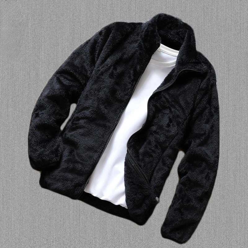 Men's Stand-up Collar Solid Color Jacket Men's Autumn and Winter Polar Fleece Top Youth Double-sided Fleece Coat Cardigan