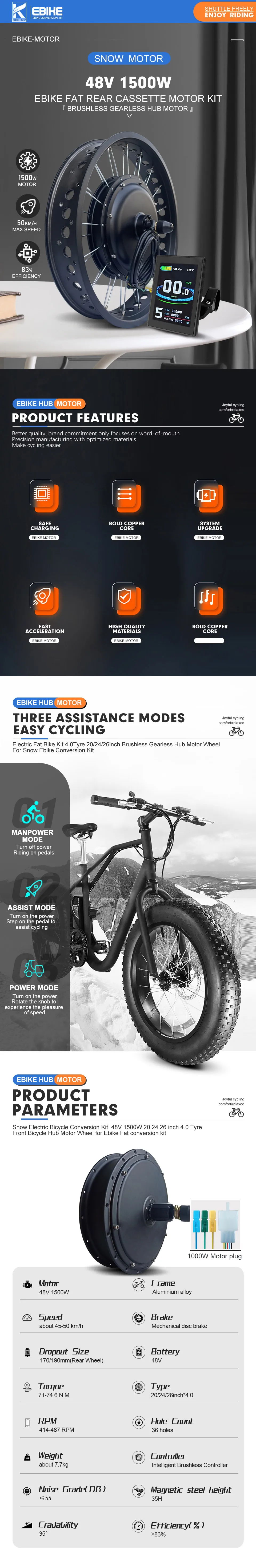 Description Picture 6 of item48V 1500W Fat Tire Bike Electric Motor 20/24/26 Inch Wheel Rear Cassette Brushless Hub Motor Kit For Snow ebike Conversion Kit