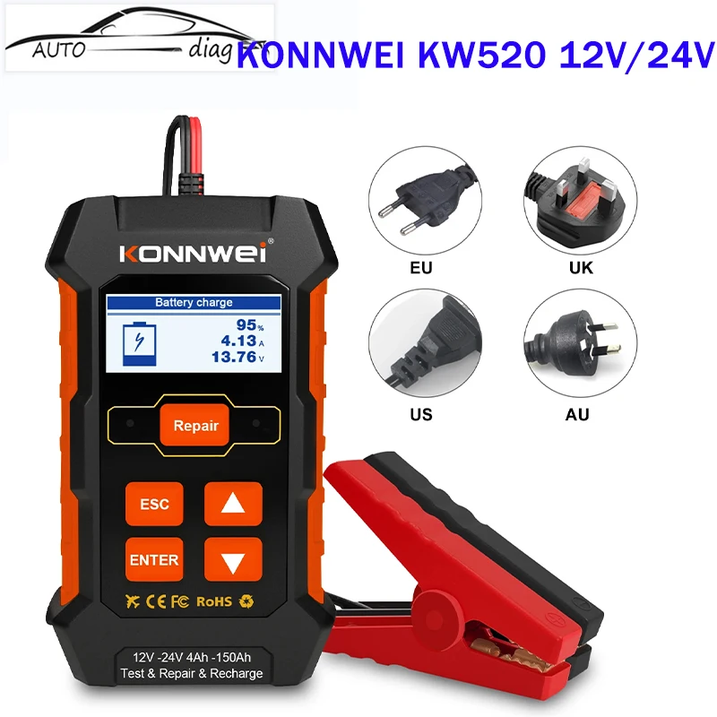 

KONNWEI KW520 12V 24V 5A 10A Automatic Car Truck Battery Tester Charger Lead Acid Battery Analyzer Pulse Repair Diagnostic Tool