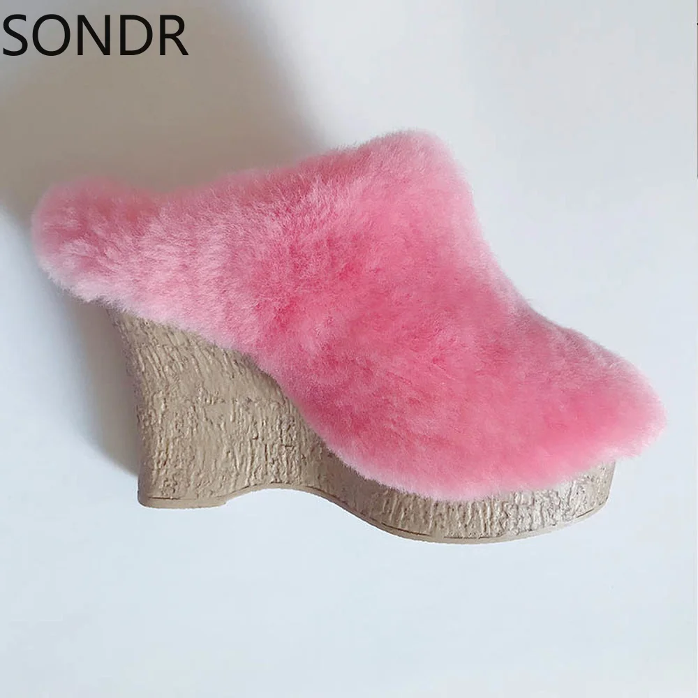 

Womens Real Lambswool Fur Furry Platform Wedge High Heel Warm Winter Mules Slipper Plush Slides Shoes Thick 5Colors