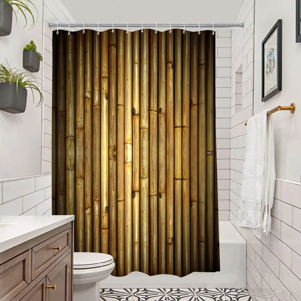 Bamboo Decor Shower Curtain Retro Design Plant Printing Washable Bathroom Curtain Set Brown Tan Beige Bath Accessories With Hook
