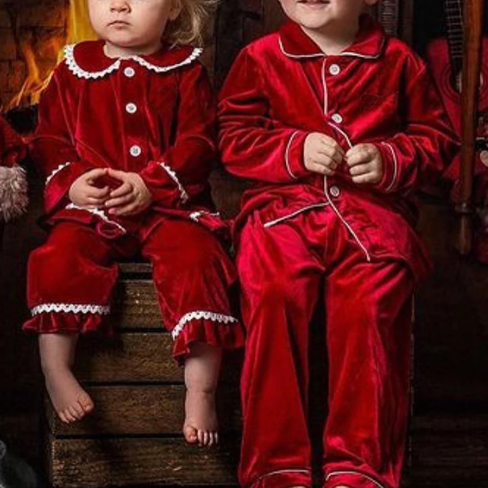 2025 Custom Kids Pajamas Christmas Children Boy Clothes Red Velvet Plaid Suit Family Match Toddler Girl Dress Xmas Sets Costume 5